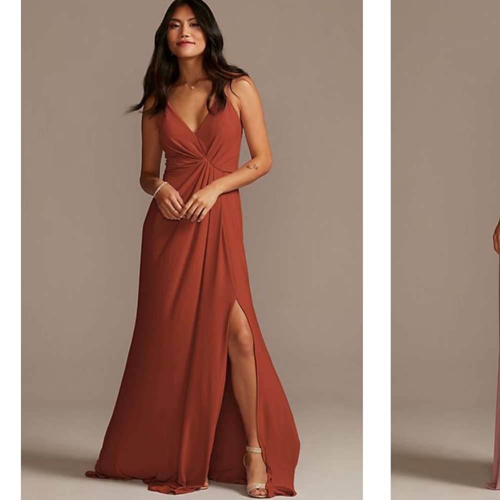 DAVID'S BRIDAL
jersey a-line bridesmaid dress with knot detail in Cinnamon